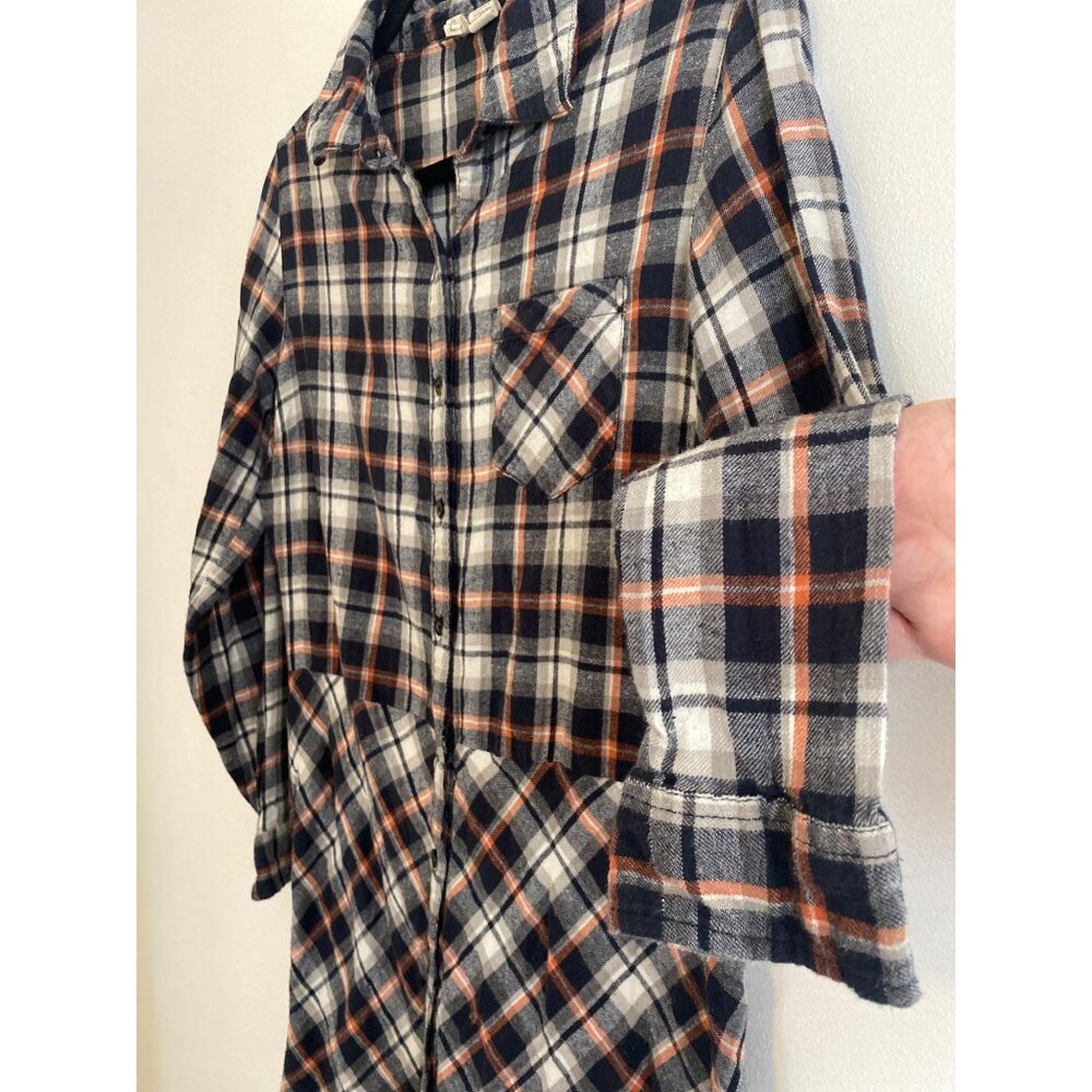 Japna Navy & Orange Women’s Plaid Flannel Tunic Shirt Size L 100% Cotton - Picture 2 of 5